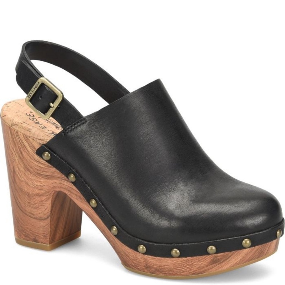 Kork-Ease Black Leather Mules with Wooden Heels